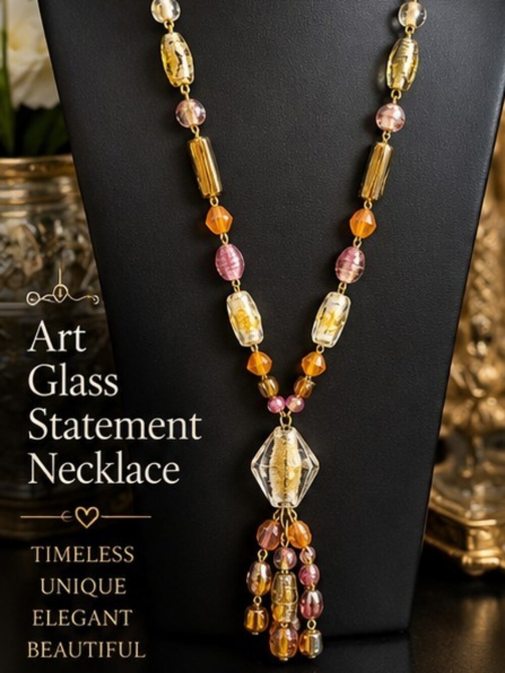 Art Glass Foil Bead Statement Tassel Necklace Gold Amber Mauve 26 Inch
